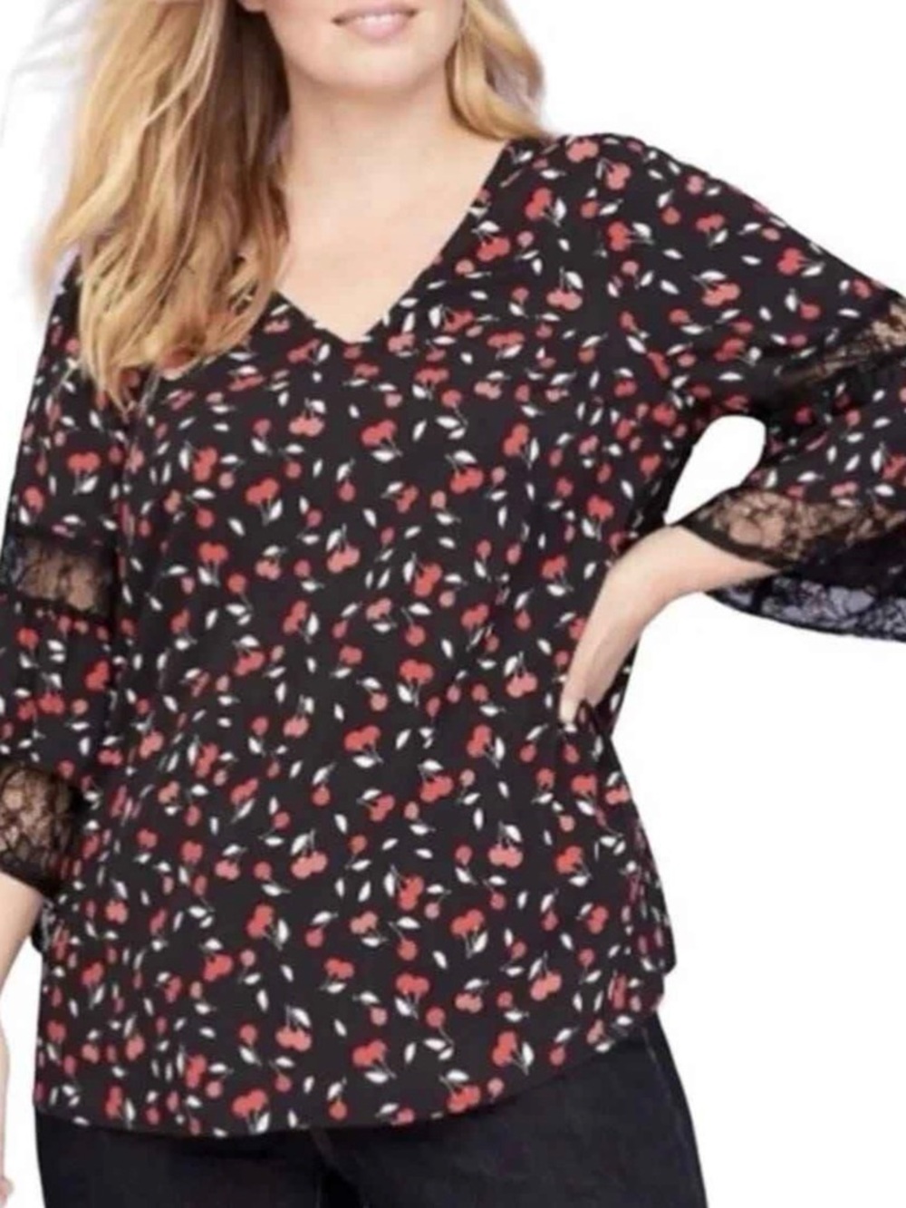 Lane Bryant Black V-Neck Blouse with Red Cherry Print and Lace Sleeves